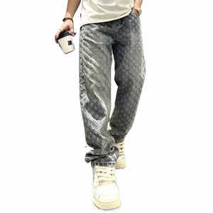 Pantalon en denim à motif jacquard pour homme, coupe droite, Baggy, bas large, Jeans pour hommes X8C0 #