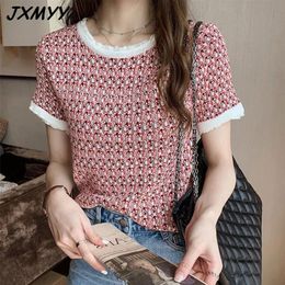 Camiseta de verano a cuadros de Jacquard, vestido de hielo de manga corta con cuello redondo para mujer, jersey de punto, camisa holgada Retro con borlas, Retro JXMYY 210412