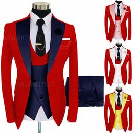 Jacquard Rouge Costume Hommes 3 Pièces Personnalisé Marié De Mariage Tuxedo Slim Fit Prom Party Blazer Costume Veste Double Boutonnage Gilet Pantalon Ensemble n3XK #
