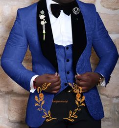Jacquard Royal Blue Mens Suit 3 Piece Groom Wedding Tuxedo Velvet Collar Formal Party Robe Elegant 240507