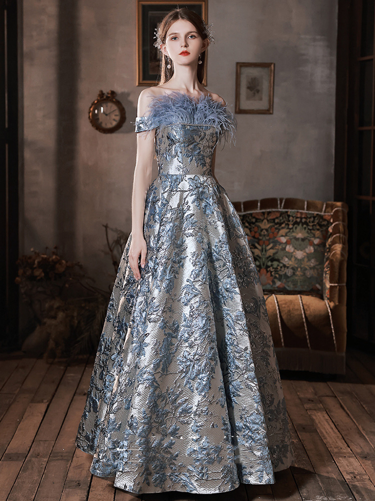 Vestido de noche de satén Jacquard, estampado de plumas, sin tirantes, elegante, con hombros descubiertos, azul neblina, vestidos formales de compromiso de celebridades de lujo