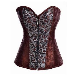 Jacquard Steampunk Zipper Corset Femmes Vintage Gothique Overbust Zip-up Brun Corset Rembourré Bustier S-6XL Plus La Taille Mode Taille Slim Shaper