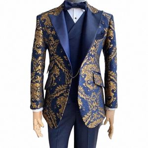 Costumes de smoking jacquard pour hommes de mariage Slim Fit bleu marine or Jacquard marié Gentleman veste avec gilet pantalon 3 pièces en stock x5jh #
