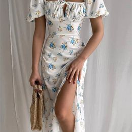 Jacqueline Puff Sleeve Midi Floral Dress Women Retro Elegant Sexy Split Sundress Casual Ruched Drawstring Jurken Summer 220704