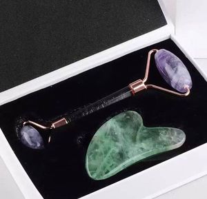 Rodillo facial de jade y herramienta Gua Sha Set de regalo Piedra natural Púrpura o verde Fluorita Rodillos faciales Raspado SPA Acupuntura Ojo Cuello Cuerpo Belleza Cuidado de la salud