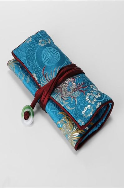 Jade Flower Silk Jewellery Roll 3 Sac à cordon de pochettes à fermeture éclair