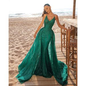 Jade Green Elegant Mermaid Prom -jurken met kralen Appliques Mouwloze Tule Satijnen avondjurken overskirt Sexy spaghetti -riemen