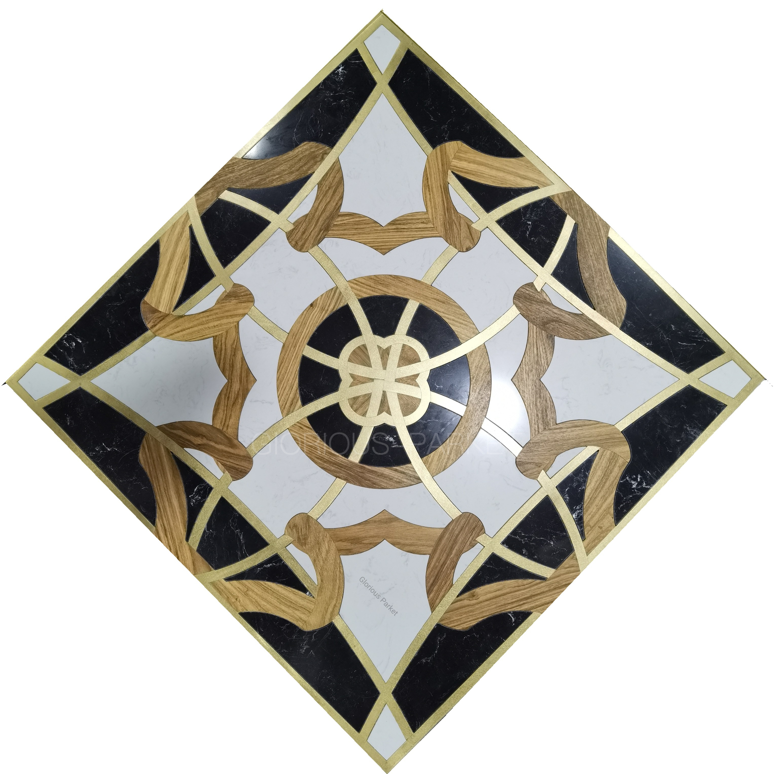 LuxuryFloor Jade Marble Parquet with Brass Inlay for Villas: Rosewood Hardwood Floor & Wall Medallion Designs