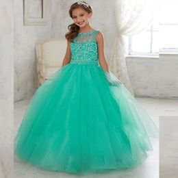 Jade Menthe Petites Filles Pageant Robes Pour Les Adolescents Sheer Illusion Tulle Cou Sequin Perlé Enfants Fleur Filles Anniversaire Princesse Robes