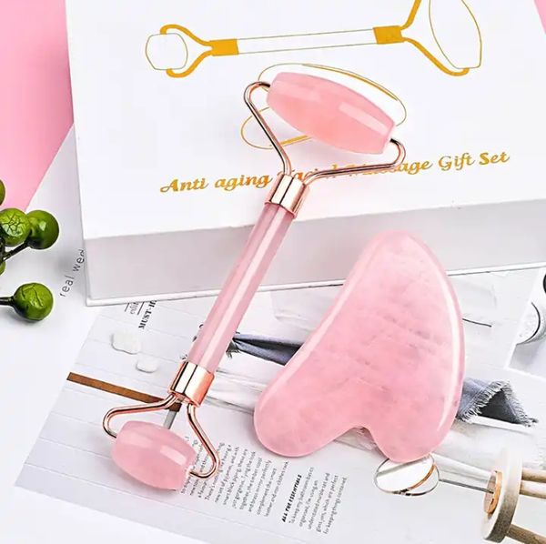 Juego de caja de regalo con rodillo de jade y gua sha, cristal rosa, cuarzo rosa, kit de herramientas de masaje guasha, masajeador de elevación de jade natural, herramienta para el cuidado de la piel facial y de belleza