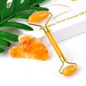 Jade Roller y Gua Sha Set Natural Yellow Jade Roller Mushroom Guasha Guasha Massager Massager Beauty Health Anti -envejecimiento Apriete el cuidado de la piel