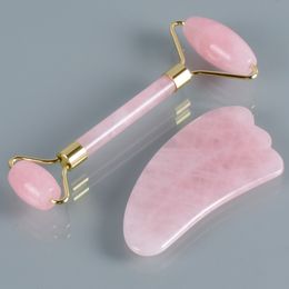 Jade Roller Double Head Gua SHA Tool Set Natural Rose Quartz Facial Massage Roller Afslanken Anti Rimpel Cellulite Stone Tool