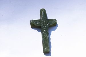 Xinjiang hetian Oil Blue Jade Cross, Jezus Christus, Amulet Ketting Hanger. (Gratis bezorging)