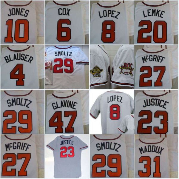 Jam 23 David Justice 1995 World 30th 4 Blauser 6 Bobby Cox 8 Lopez 10 Chipper Jones 47 Glavine 29 Smoltz Baseball Jersey