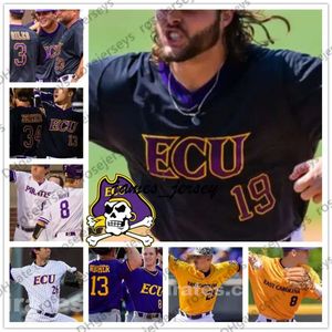 Jam Ecu East Carolina Pirates #14 Jake Agnos 18 Bryant Packard 19 Alec Burleson 42 Spencer Brickhouse Purple White Black Geel Baseball Jersey