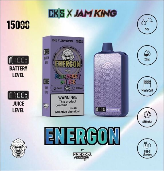 Jam King CKS NERGON 15000 bouffées en gros vapes bouffée jetable 24 ml E Liquid Power écran d'affichage USB-C charge 650 mah batterie stylo vape bouffée