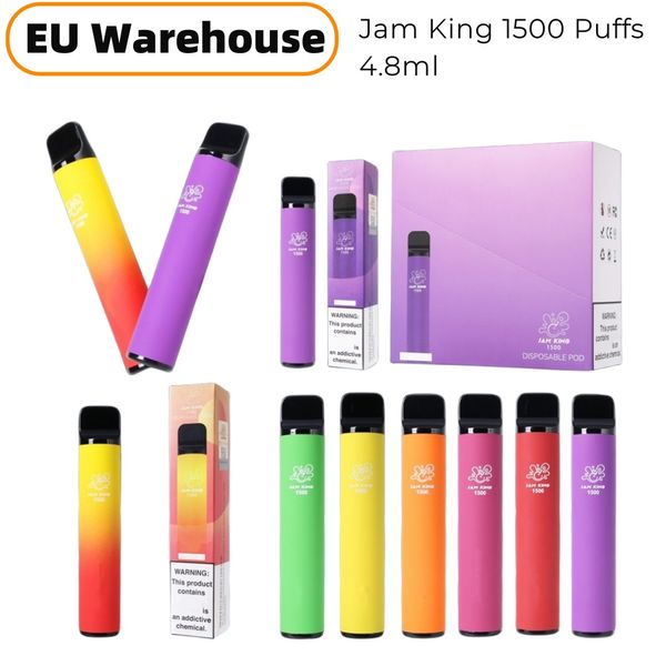 Jam King e cigarette EU Stock 1500 bouffée E-liquide 4,8 ml stylo vape Pods 12 saveurs 850mAh Batterie Vaper Chariots Vaporisateurs Mesh Coil 20mg Nic vs elfbar perdu mary