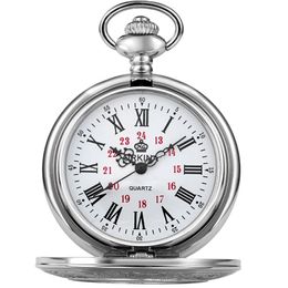 Jameker nieuwe mode Romeinse cijfers Dial Mechanical Pocket Watch Men Unieke holle Steampunk Silver Mechanical Clock Watch Chain T200502