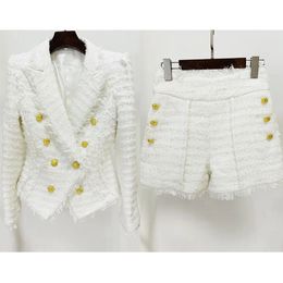 Jamerary Double Basted White Jackets Cost Coats Femmes Tweed Set Golden Button Tassels Blazer Pantalon court à jambe large 240417
