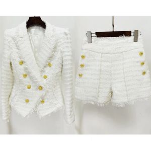 Jamerary Double Breasted White Jackets Suits Coats Women Tweed Sets Golden Button Tassels Blazer Wide Been Korte broek 240417