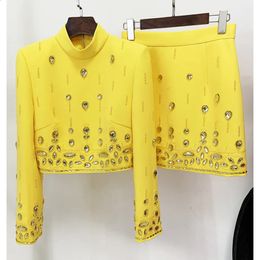 Jamerary Fashion Runway Yellow Bead Diamond 2pcs Set Women Coat Tops Terug Zipper en Mini Short Skirts Suits 240425