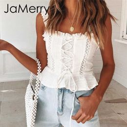 Jamerry Vintage Sexy White Lace Mujeres Tank Tops Correa Ruffle Crop Top Camis Mujer Verano Hollow Out Lace Up Camisole Tops 2019 Q190513