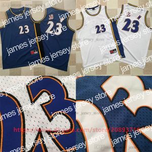 James authentiek borduurwerk basketbal #23 jerseys retro wit blauw echt gestikte ademende sportjersey