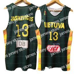 James Custom Sarunas Jasikevicius #13 Lietuva Basketball Jersey Printed Green Eventuele namen Nummer Maat XS-4XL Topkwaliteit