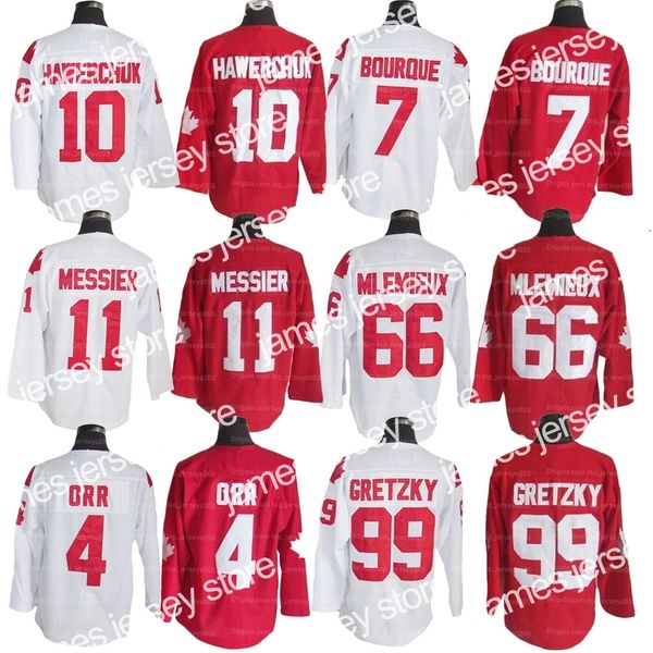 James Custom Team Canada Hockey Jersey 99 # Gretzky 66 # Lemieux 4 # Bobby Orr 7 # Bourque 10 # Hawerchuk 11 # Messier Men's Stitched White Red Size