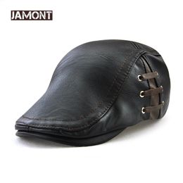 JAMONT mode PU cuir casquettes coupe-vent homme béret pansement chapeau printemps casquette plate Casquette chaude côté sangle Boina Masculina