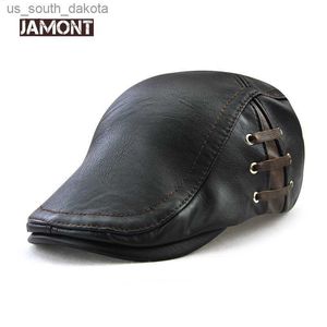 JAMONT Mode PU Casquettes En Cuir Coupe-Vent Homme Béret Bandage Chapeau Printemps Casquette Plate Casquette Chaud Sangle Latérale Boina Masculina L230523