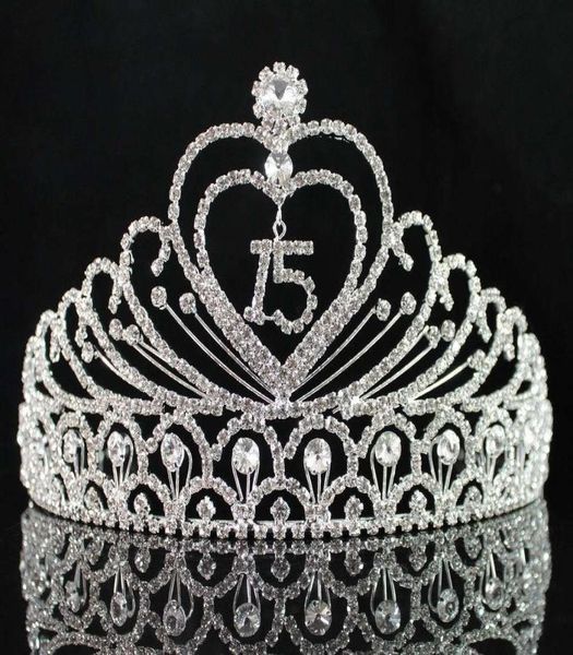 Janefashions Quinceañera Dulce 15 Quince Fiesta de cumpleaños número 15 coronas de Clear White Austrian Rhinestone Tiara Crown Y2008078074372