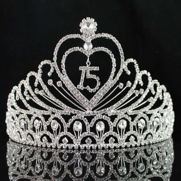 Janefashions Quinceañera Dulce 15 Quince Fiesta de cumpleaños número 15 coronas de Clear White Austrian Rhinestone Tiara Crown Y200807270v