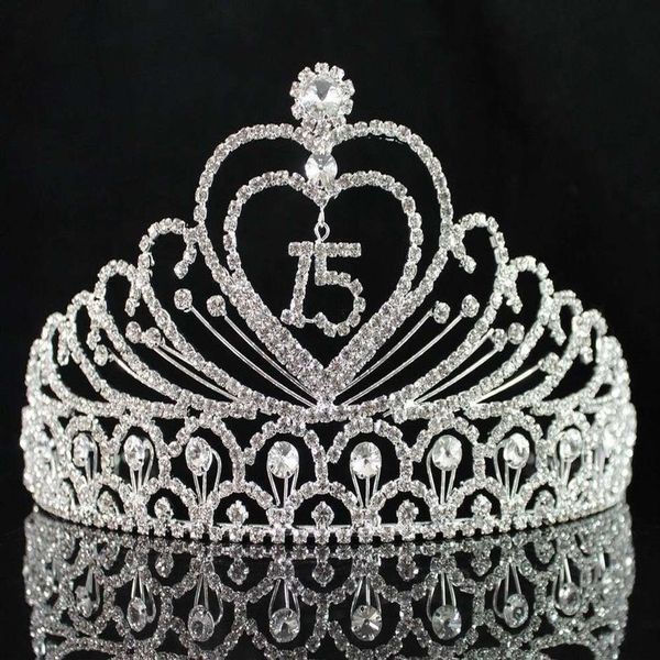 Janefashions Quinceañera Dulce 15 Quince Fiesta de cumpleaños número 15 coronas de Clear White Austrian Rhinestone Tiara Crown Y200807280v