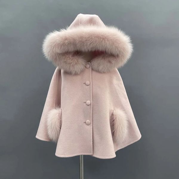 JANEFUR Poncho de cachemira con cuello de piel para niños y niñas, bonita capa de lana rosa, abrigo de invierno para niños reales 231226