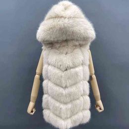 Janefur Faux Fur Coat with Hood Long Women 2022 FUR ARTIFICA DE CALIDAD GILET FURY CALIENTE HERMANO FALSA FALSA FALSA Jackets T220810