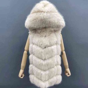 Janefur Faux Fur Mateft With Hood Long Women 2022 High Quality Artificical Fur Gilet Furry Femme Femme d'hiver Faux Vestes Vestes de fourrure T220810