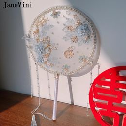 Janevini Azul Estilo chino Fan de novia Reductor Flores de encaje Pearle Perla Boda Boda Bouquet Handheld Crafts Fleur Pouring Mariage