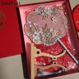 Janevini Estilo chino Gold Tassel Blue Bridal Fan Pearls Crystal Diamond Bride Boda Flores Bouquet Palacio Ventilador