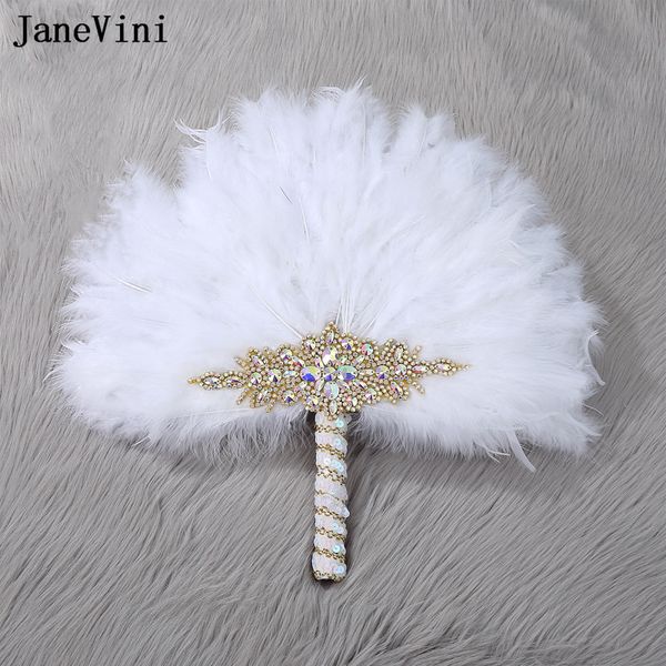 Janevini Luxury Crystal White Autruche Plume Fan pour la mariée Décorative Nigériane Traditionnel Bridal Hand Fan Wedding Bouquets