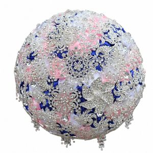 Janevini Luxe Volledige Diamd Royal Blue Pink FRS Bridal Bouquets With Sier Jewelry Artificial Satin Roses Wedding Bouquet 94YS#