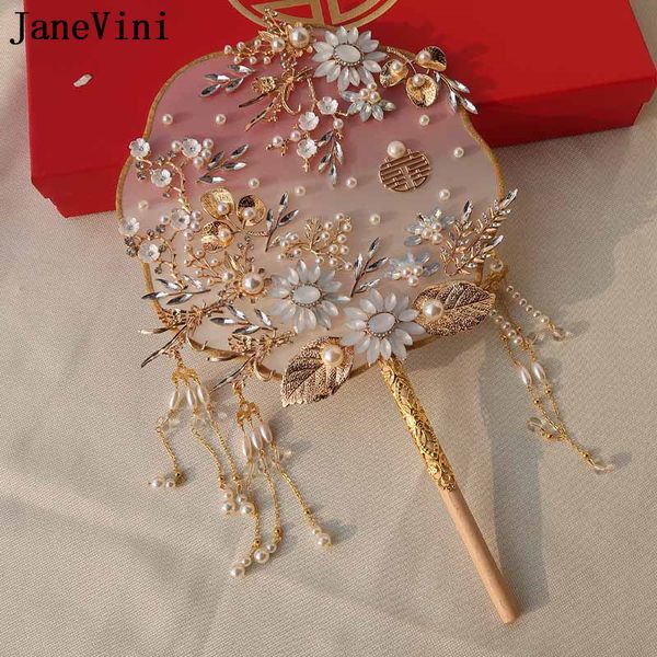 Janevini Luxury Ice Blue Bridal Bridal Style Chinois Crystal Pearls Handmade Mold Flowers Fan Type Hanfu Wedding Bouquets