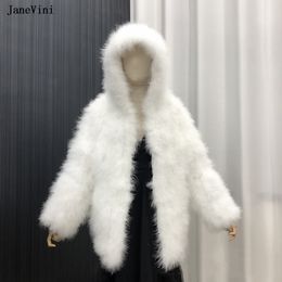 Janevini Luxe struisvogelveren Hooded Witte Bolero Bridal Faux Bont sjaal Wrap Women Mantel Winter jas jas voor trouwjurk