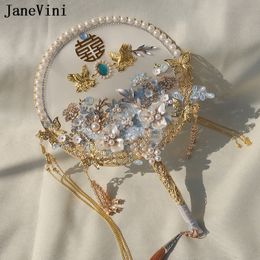 Janevini Luxury Pearl Blue Fan Bridal Fan antiguo Estilo chino Aplicado Gold Beade Crystal Bade Bouquets Bouquets Flores