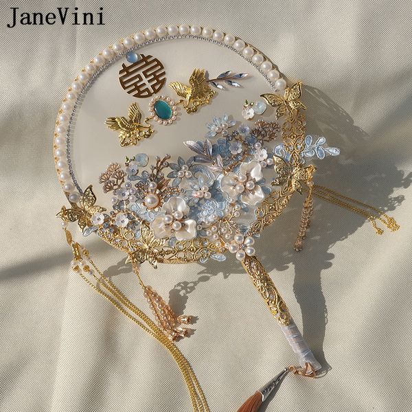 Janevini Luxury Pearl Blue Bridal Bridal Style Chinese Appliquée Gold Perled Crystal Bride Fan Wedding Bouquets Bouquets Fleurs