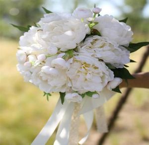 JaneVini Vintage peonía blanca Ramo de novia 2018 Artificial ramo de boda Pografía de boda con flores mango de encaje Ramo D4002876339