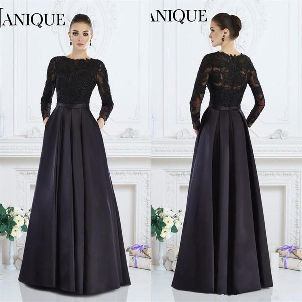 Janique Negro Mangas largas elegante vestido formal A-Line Jewel Lace Beaded Madre de la novia Vestidos por encargo Mujeres Evening Wea201j