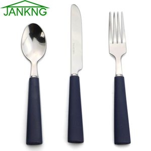 Jankng 3-delig roestvrij staal servies set kinderen matte blauwe handvat vork mes bestek set diner zilverwerk servies voor 1