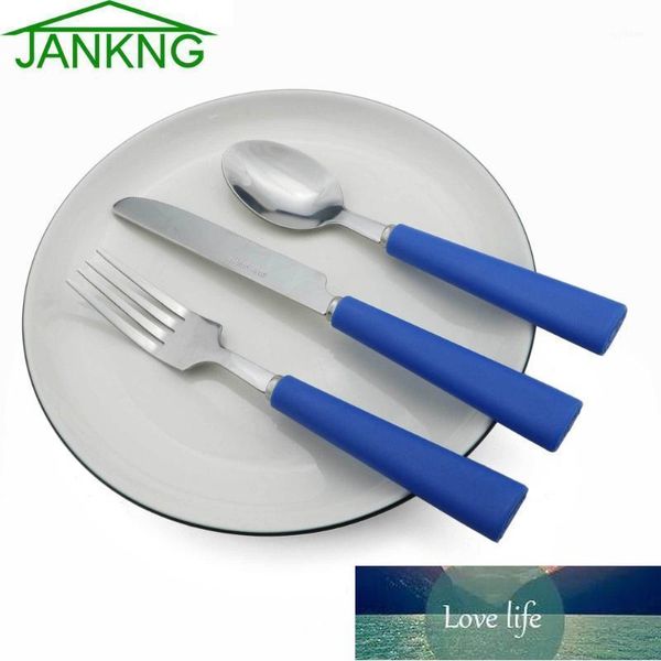 JANKNG 3 Unids Juego de Cubiertos de Viaje Azul Vajilla de Acero Inoxidable Vajilla Cuchillo Cuchillo Tenedor Cuchara Cena Arco Iris Cubiertos Set1 Precio de fábrica Diseño experto Calidad