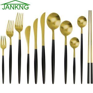 JANKNG 6Pcs Black Gold Stainless Steel Dinnerware Sets Forks Knives Chopsticks Little Spoon for Coffee Tea Kitchen Tableware Party Accessory